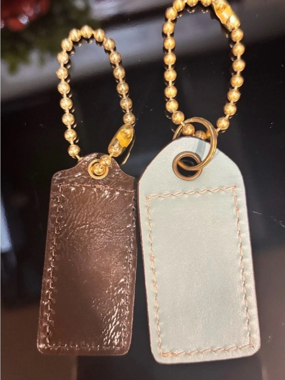 COACH Leather Tag Keychain - Brown and Light Blue/white